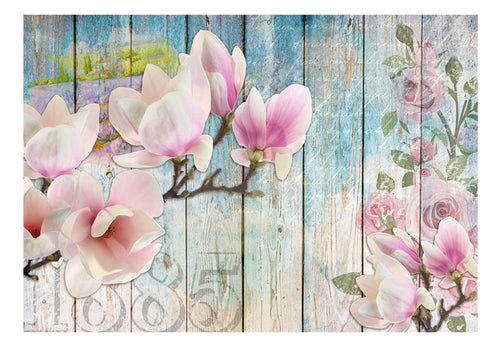 Papier Peint - Pink Flowers on Wood - Intissé