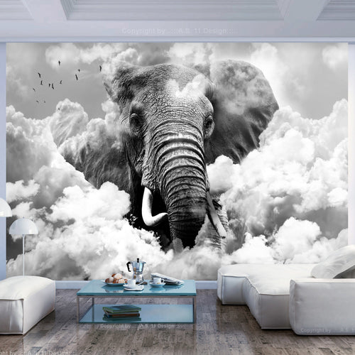 Papier Peint - Elephant in the Clouds Black and White - Intissé