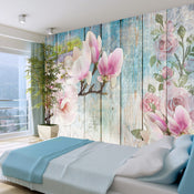 Papier Peint - Pink Flowers on Wood - Intissé