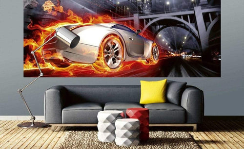 Dimex Car in Flames Papier Peint 375x150cm 5 bandes ambiance | Yourdecoration.fr