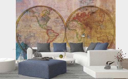 Dimex Wold Map Abstract II Papier Peint 375x250cm 5 bandes ambiance | Yourdecoration.fr